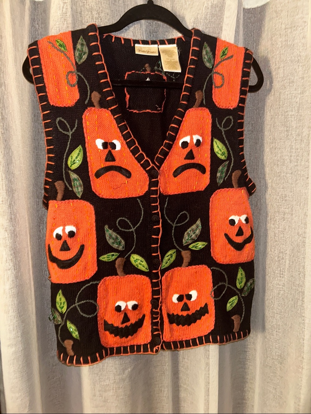 VTG 90’s Bobbie Brooks Iconic Black Knit Halloween Pumpkin Sweater Vest Sz S